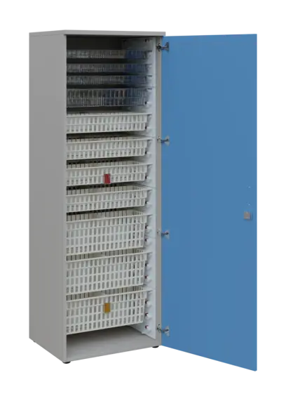 EUROMEDICA D - 66 skříň léková boxová, 1-dveřová, pravá, 1950x660x535, korpus šedý, dvířka pastelově modrá